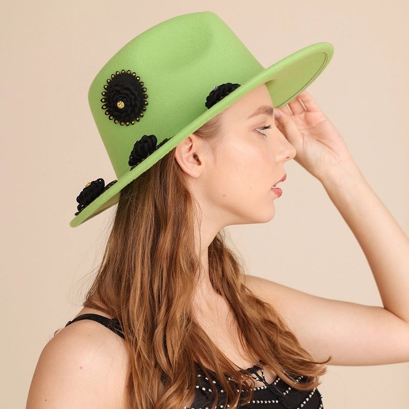 Hat Woolen Hat Ladies Solid Color Jazz Hat Flower Green Festival Felt Hat
