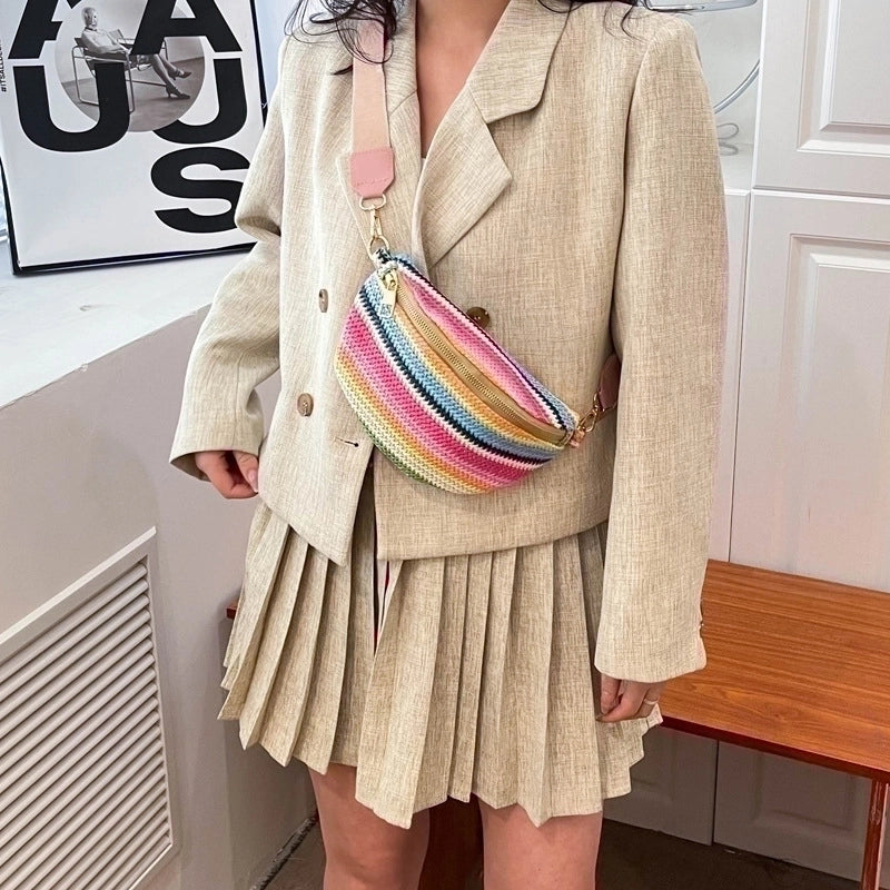 Women's Classic Style Color Block Straw Waist Bags