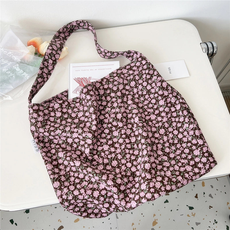 Women's Medium Canvas Flower Basic Classic Style Square Open Canvas Bag