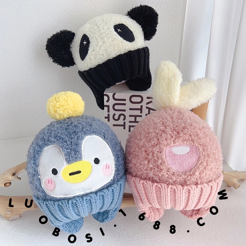 Children's Hat Scarf Two-piece Winter Hat Cute Cartoon Animal Baby Wool Hat Pullover Knitted Cross Scarf