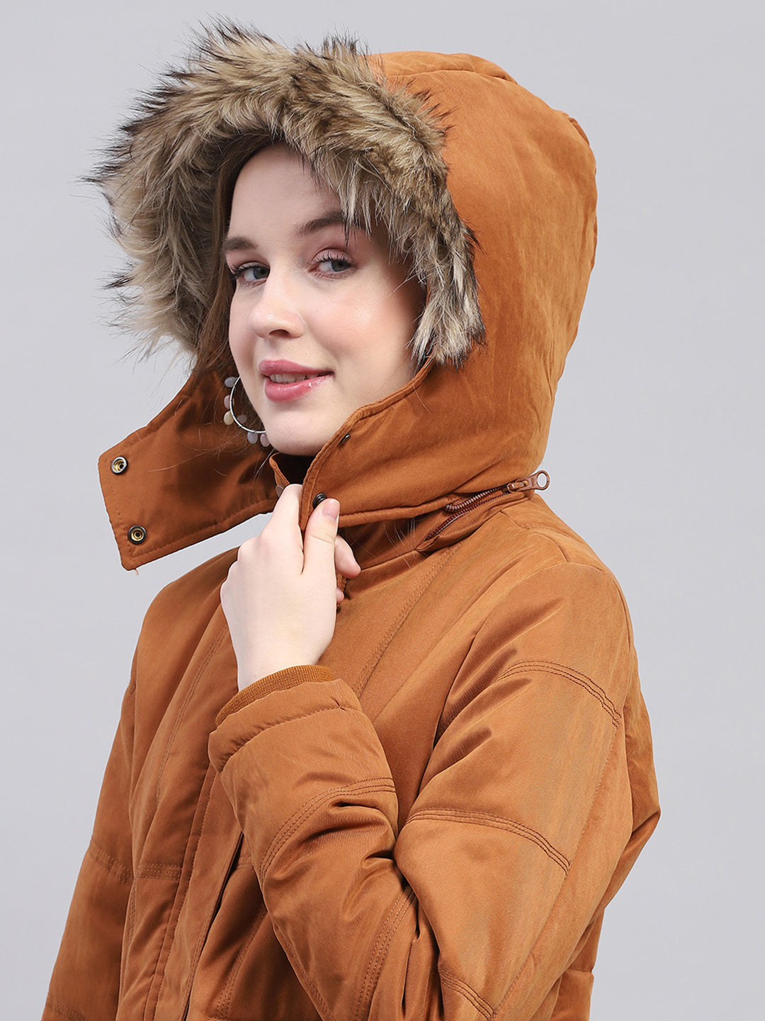 Women Rust Solid Detachable Hood Full Sleeve Jacket