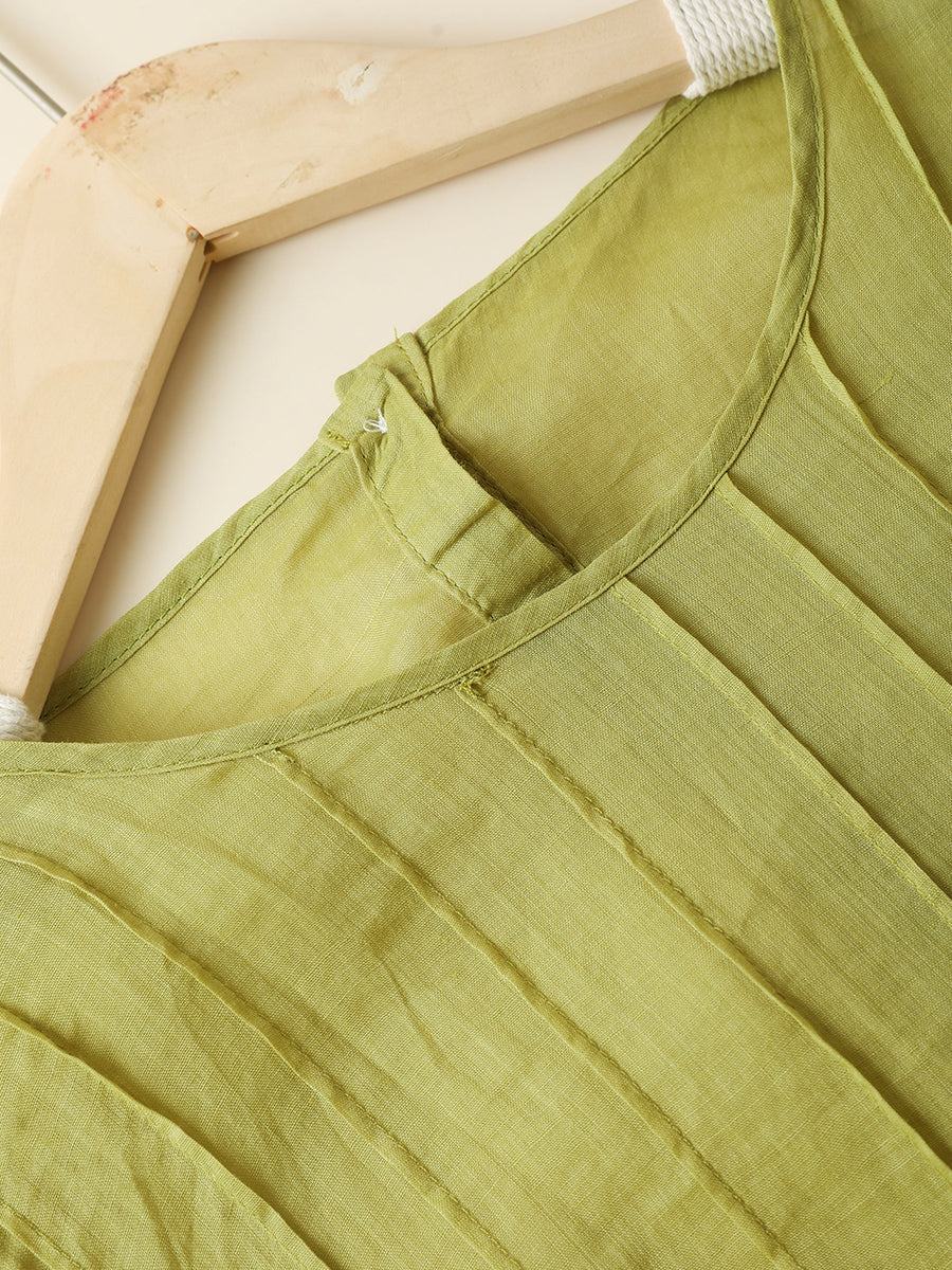 Women Summer Artsy Pure Color O-Neck Shirred 100%Ramie Dress