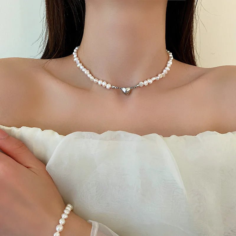 Magnetic Heart Pearl Choker Necklace and Bracelet