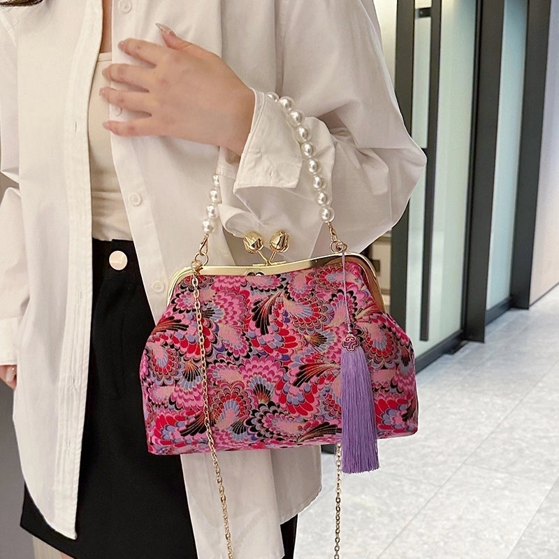 Women's Cloth Flower Elegant Pearls Sewing Thread Shell Clasp Frame Shoulder Bag