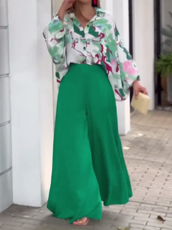 Long Sleeves Floral Printed Blouses + High-Waisted Solid Color Wide Leg Pants Trousers Two Pieces Set