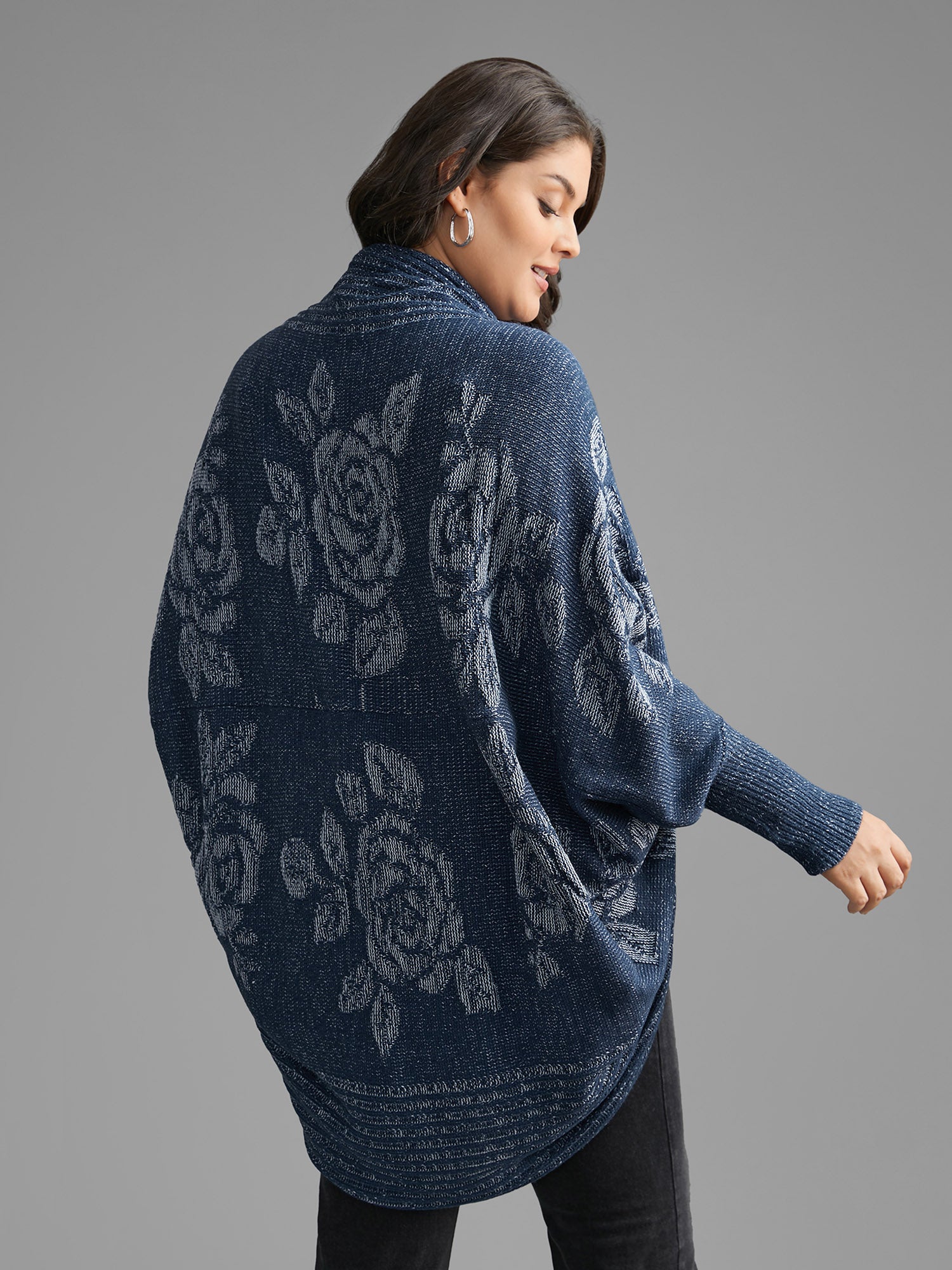 Floral Jacquard Batwing Sleeve Arc Hem Cardigan