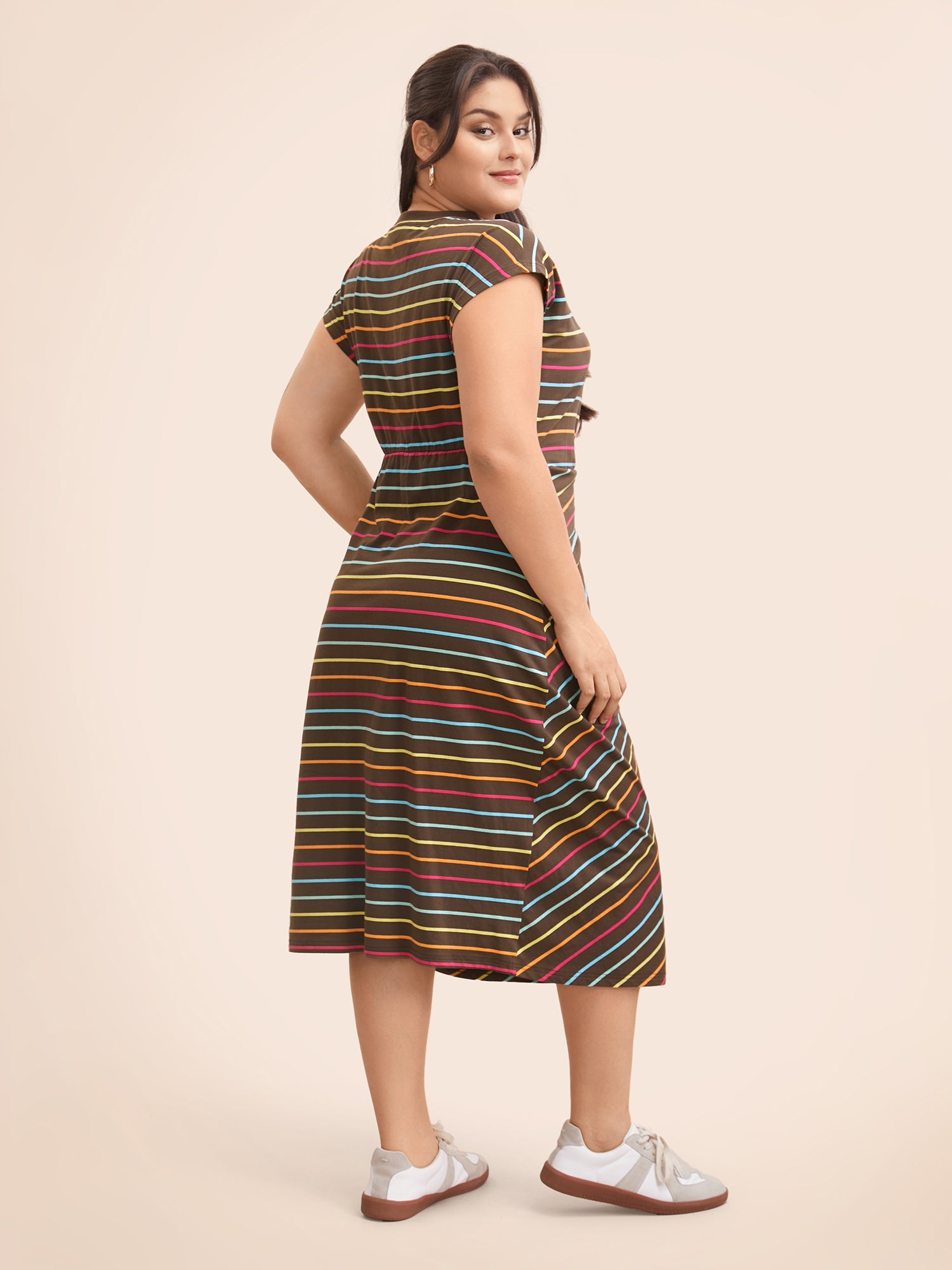 Colored Striped Tie Knot Cap Sleeve Dress