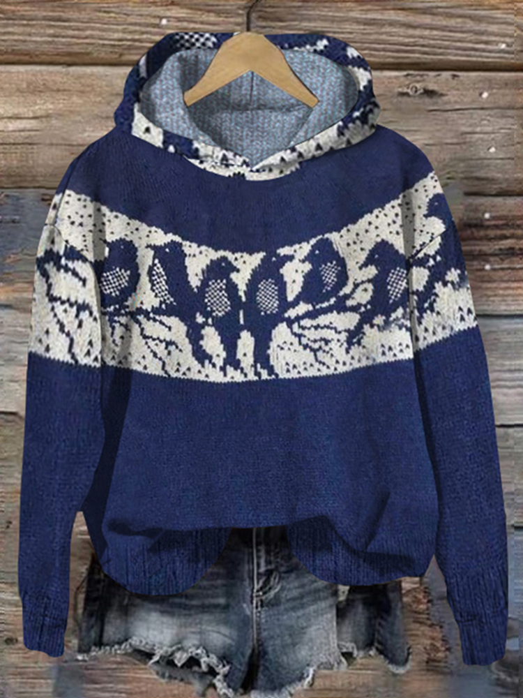 Vintage Bird Jacquard Knit Hooded Sweater