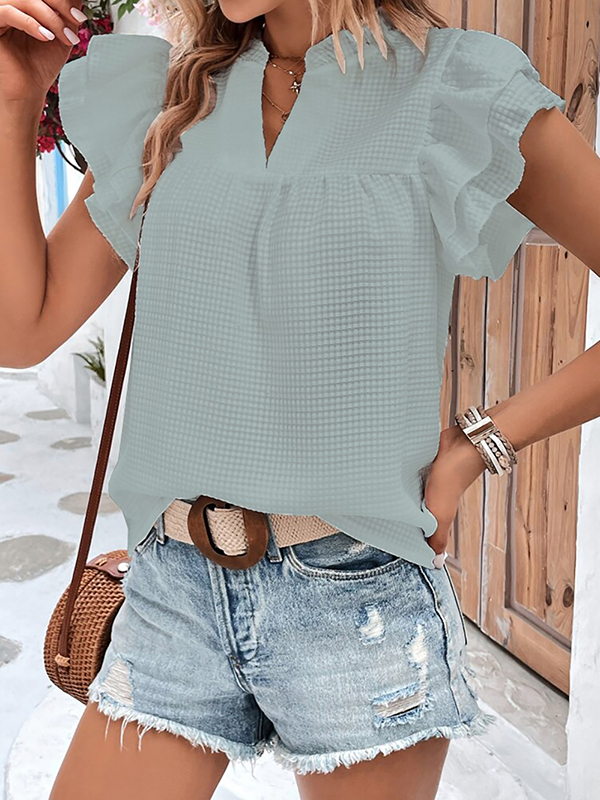 Loose Short Sleeves Ruffle Trim Solid Color Split-Joint V-Neck Blouses&Shirts Tops