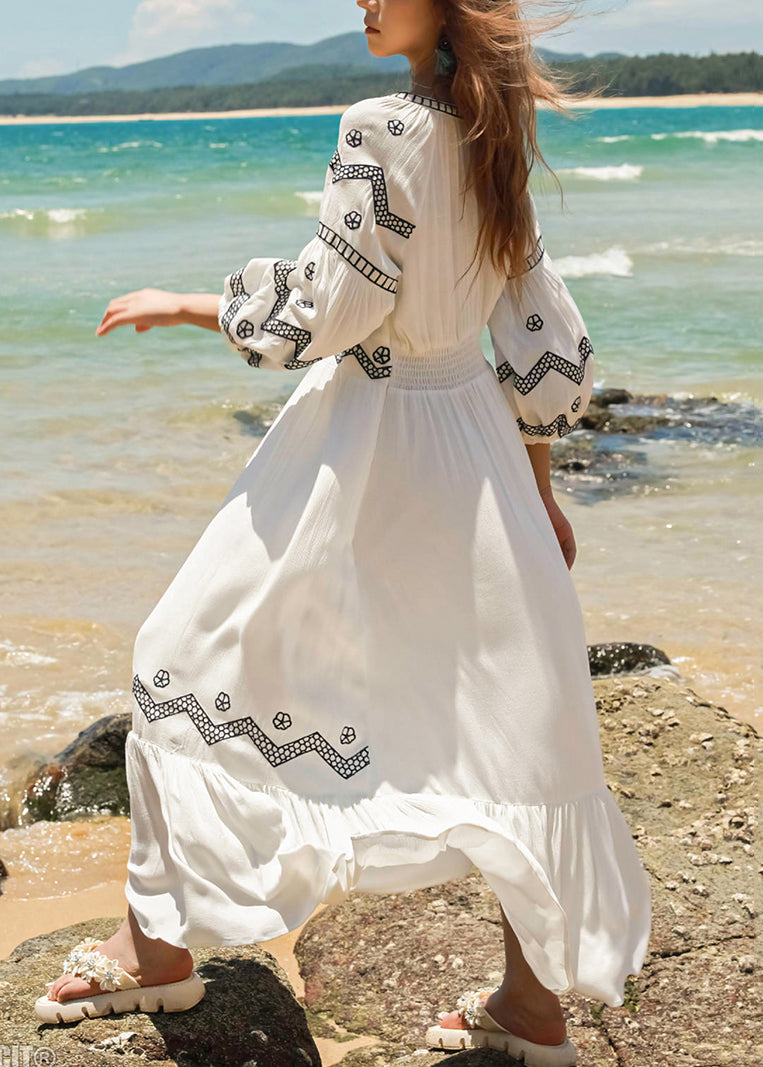 Italian White Embroidered Lace Up Cotton Long Dresses Fall
