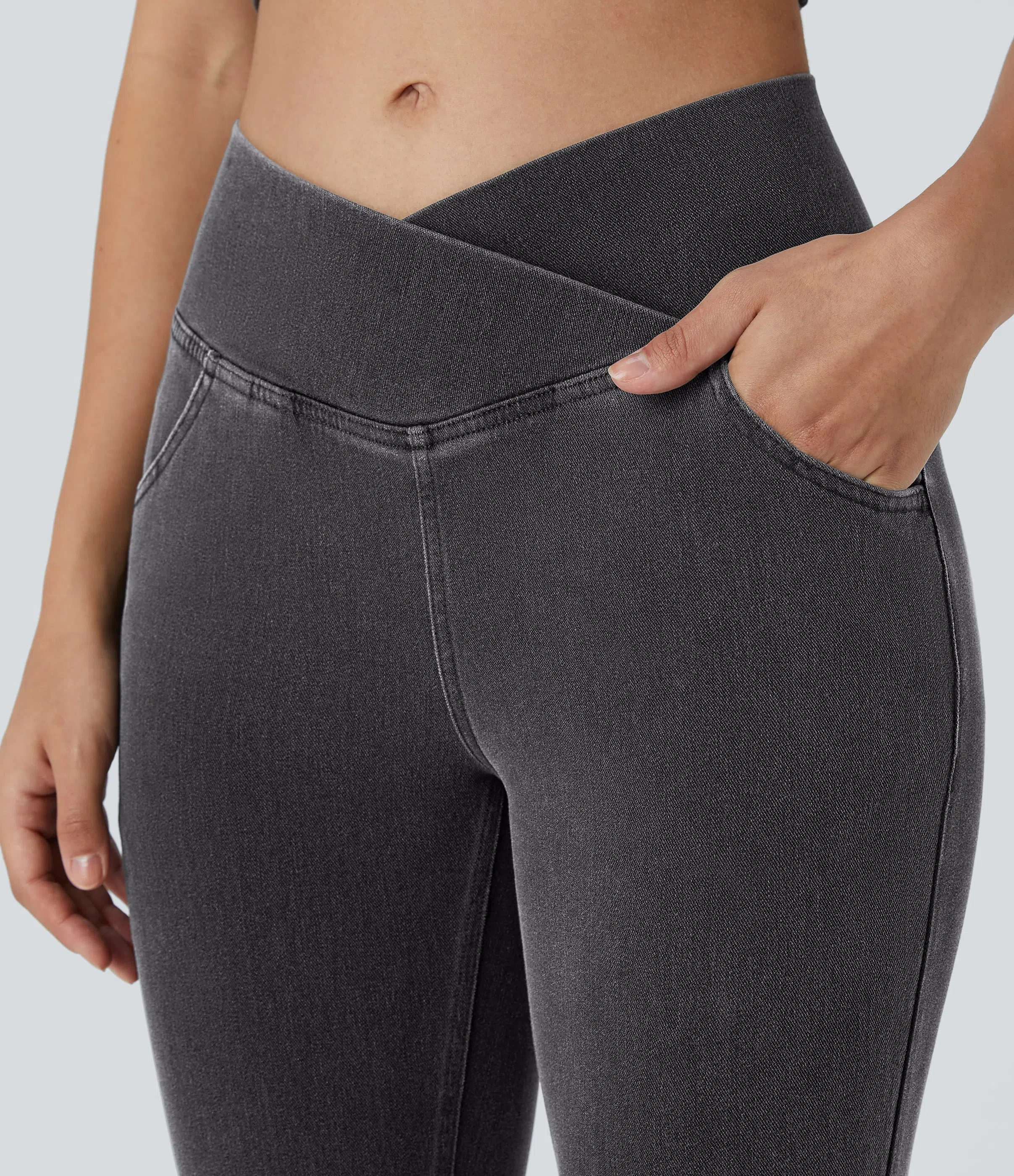 ⚡8 Packs for $25.95⚡- High Waisted Crossover Pocket Washed Stretchy Knit Casual Super Flare Jeans