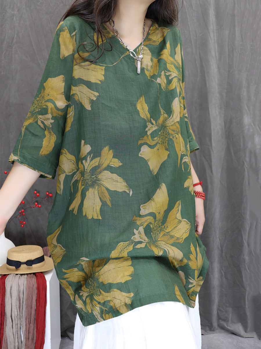 Women Summer Flower 100%Ramie V-Neck Long Shirt