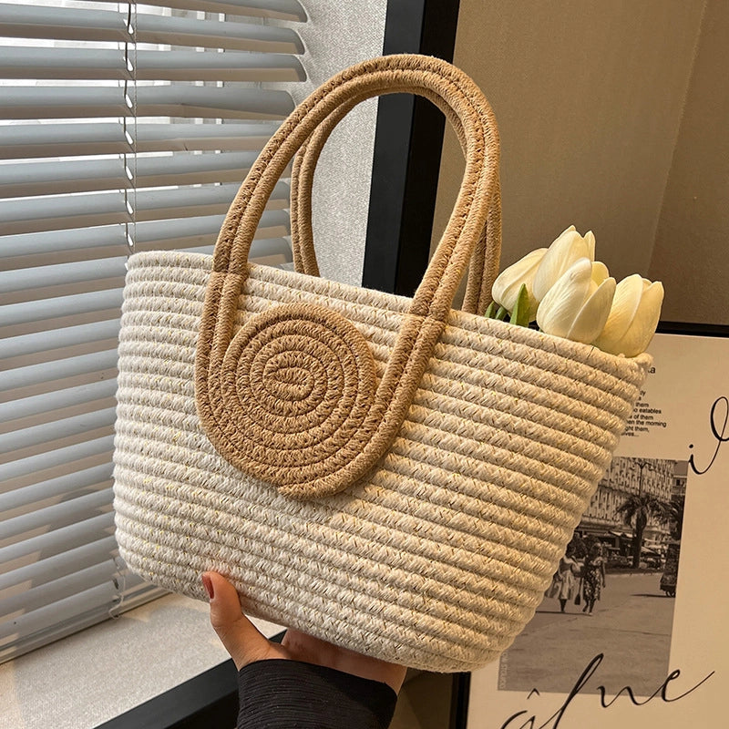 Women's Medium Cotton Rope Color Block Beach Classic Style Square Open Tote Bag