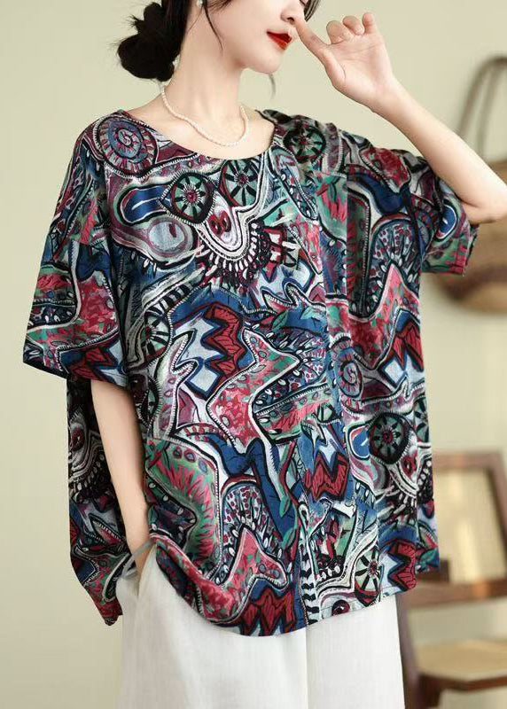 Loose Blue O-Neck Print Shirt Top Summer