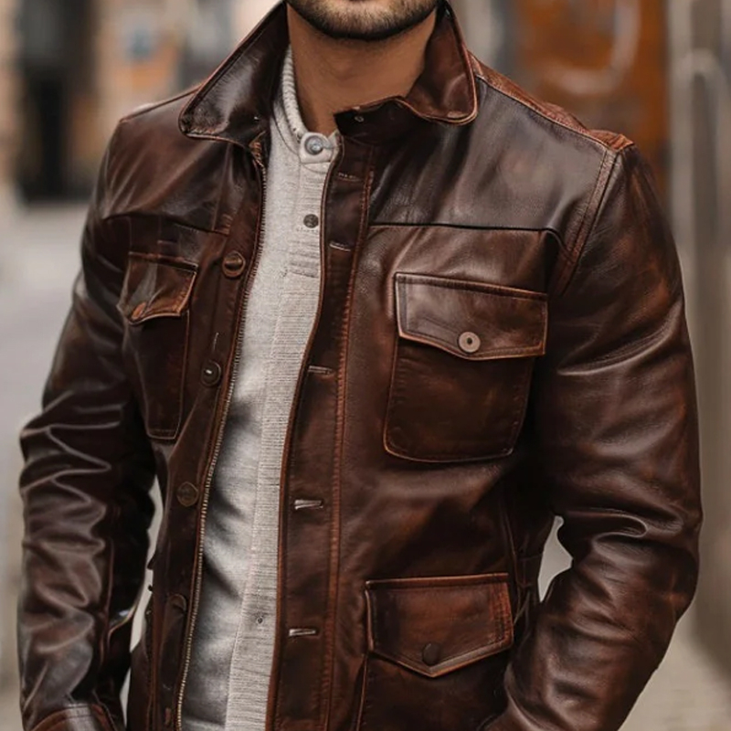 Vintage Men's Distressed PU Leather Lapel Single Breasted Jacket