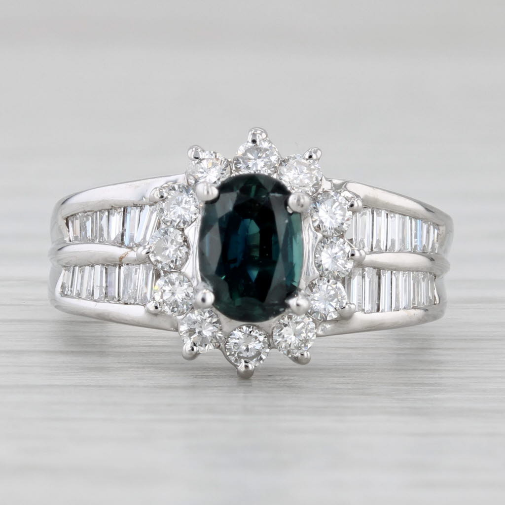 1.69ctw Blue Sapphire Diamond Halo Ring 18k White Gold Size 5.5
