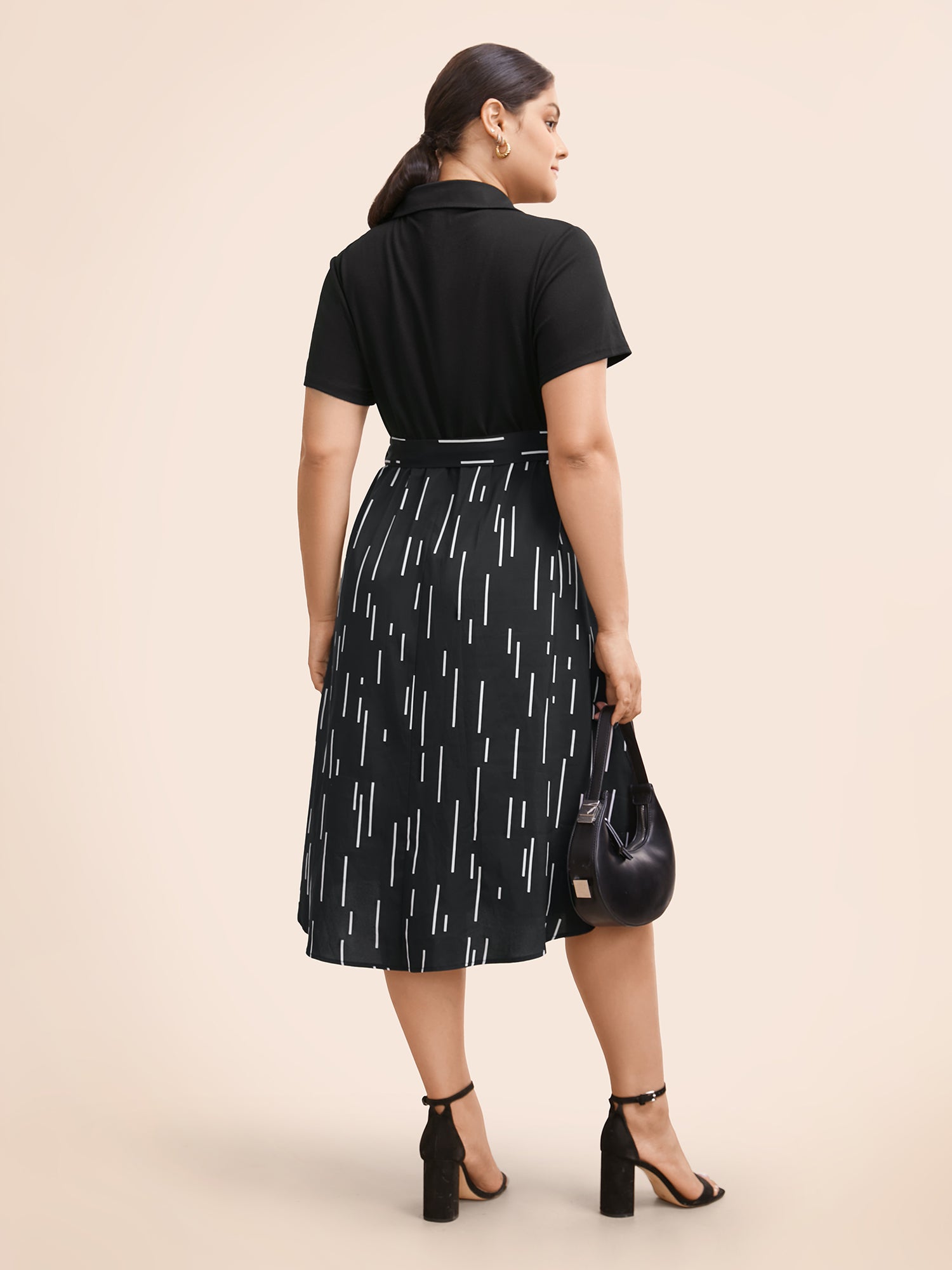 Striped Patchwork Button Detail Belted Dress