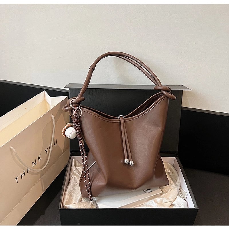 Women's Pu Leather Solid Color Basic Sewing Thread Bucket Hook Loop Shoulder Bag Bucket Bag