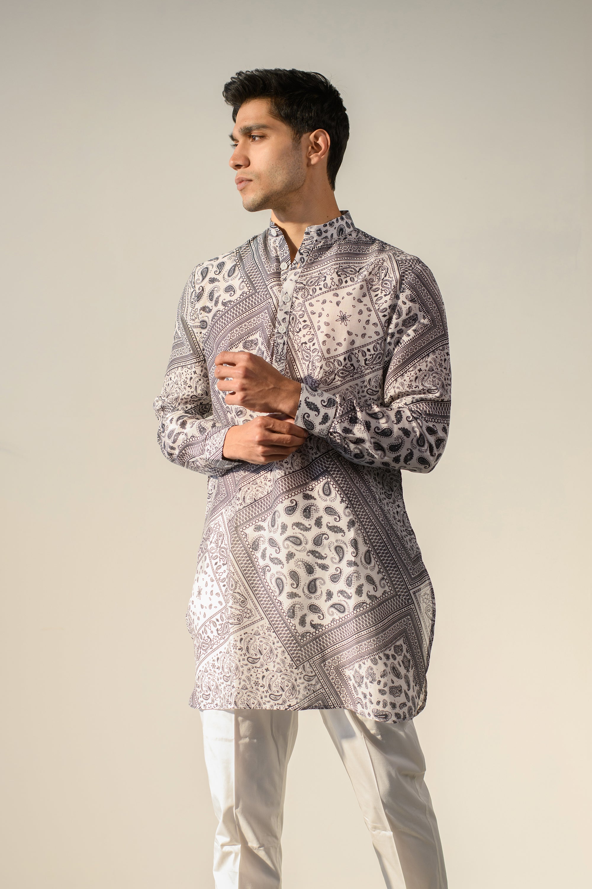 Rustic Boho White Bandana Silk  Ganganagry Kurta For Men
