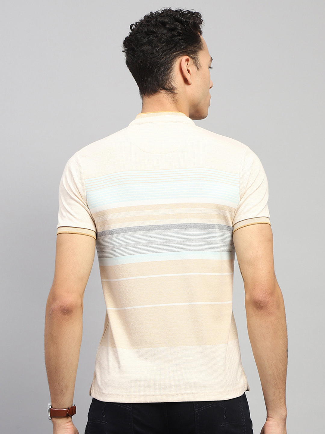 Men Beige Stripe Band Collar Half Sleeve T-Shirt