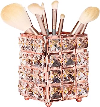 Crystal Makeup Brush Holder. Cosmetic Organizer For Makeup Brushes. Rectangle. Rose Gold