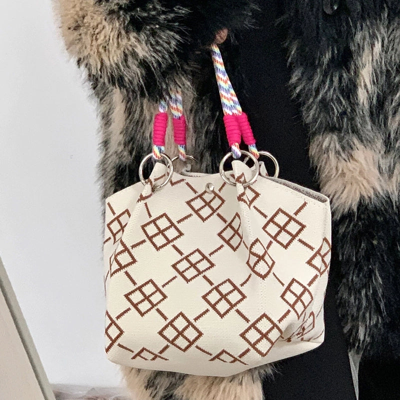 Women's Polyester Plaid Flower Classic Style Bucket Open Handbag