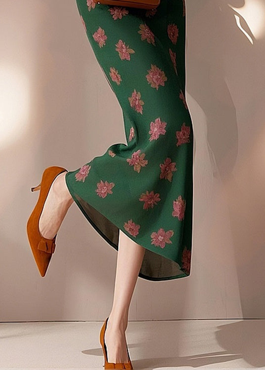 Art Green Print High Waist Cotton Skirt Spring