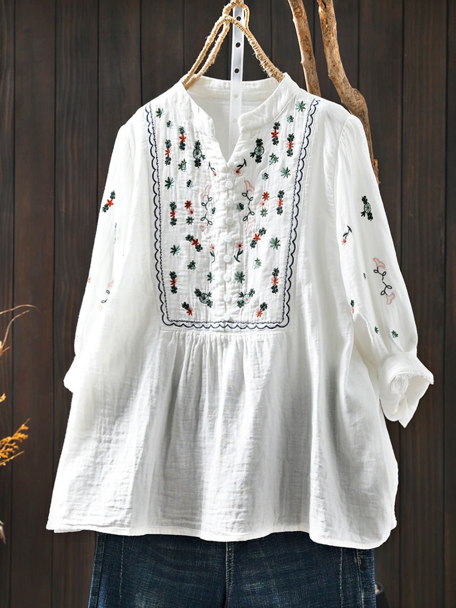 Women Summer Embroidery Stand Collar 100%Cotton Shirt