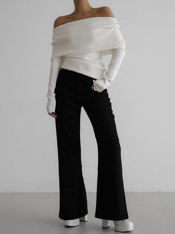 Long Sleeves Loose Solid Color Off-The-Shoulder Pullovers Sweater Tops