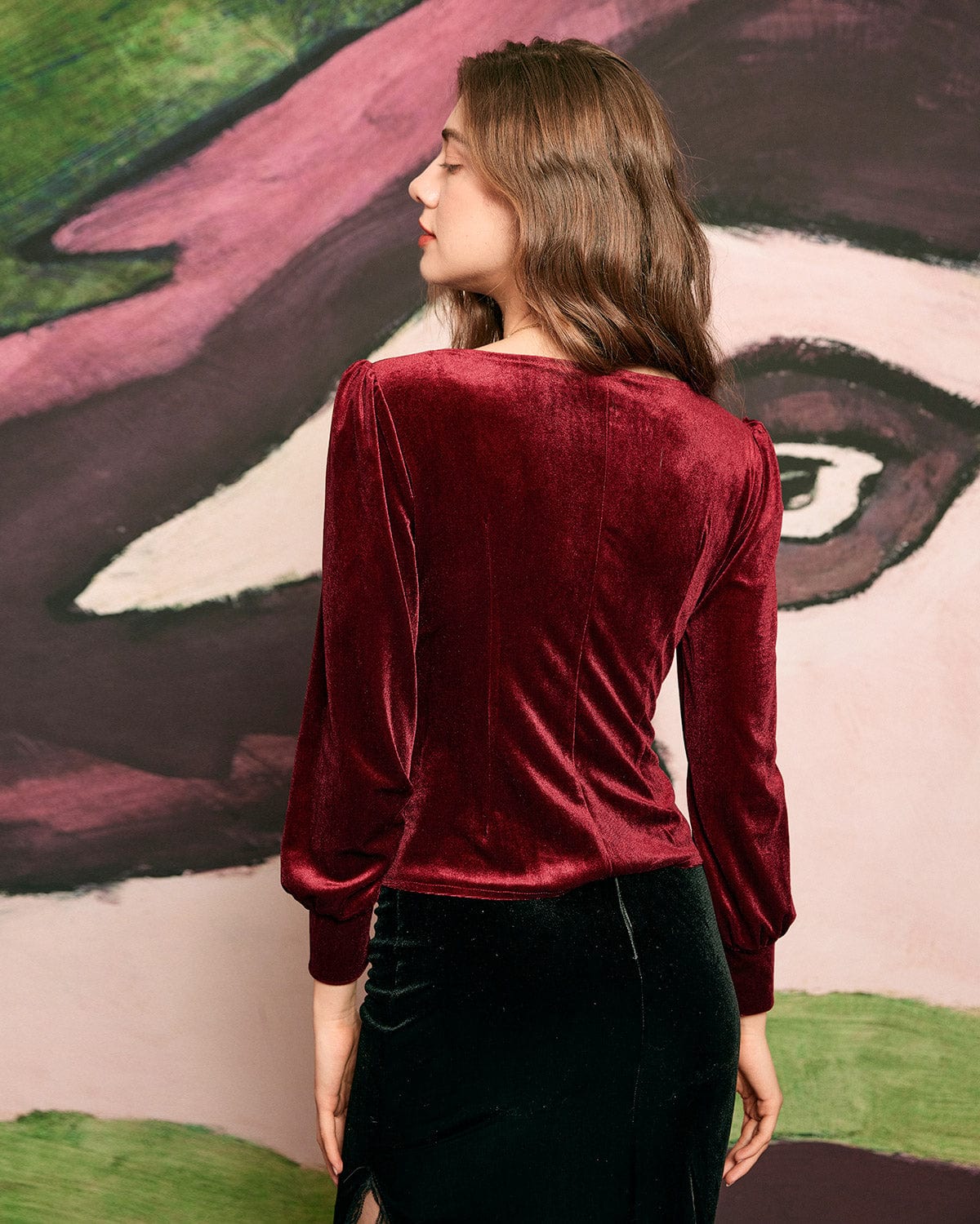 The Solid Lantern Sleeve Velvet Blouse