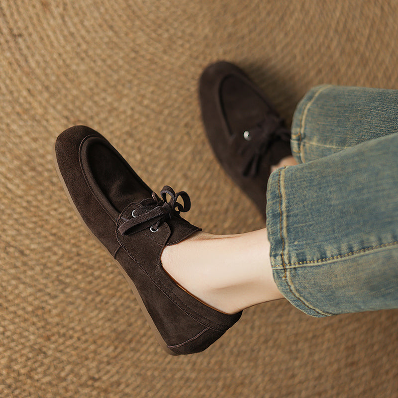 Women's Suede Leather Lace-Up Boat Shoes Round Toe Casual Driving Loafers in Deep Brown/Coffee