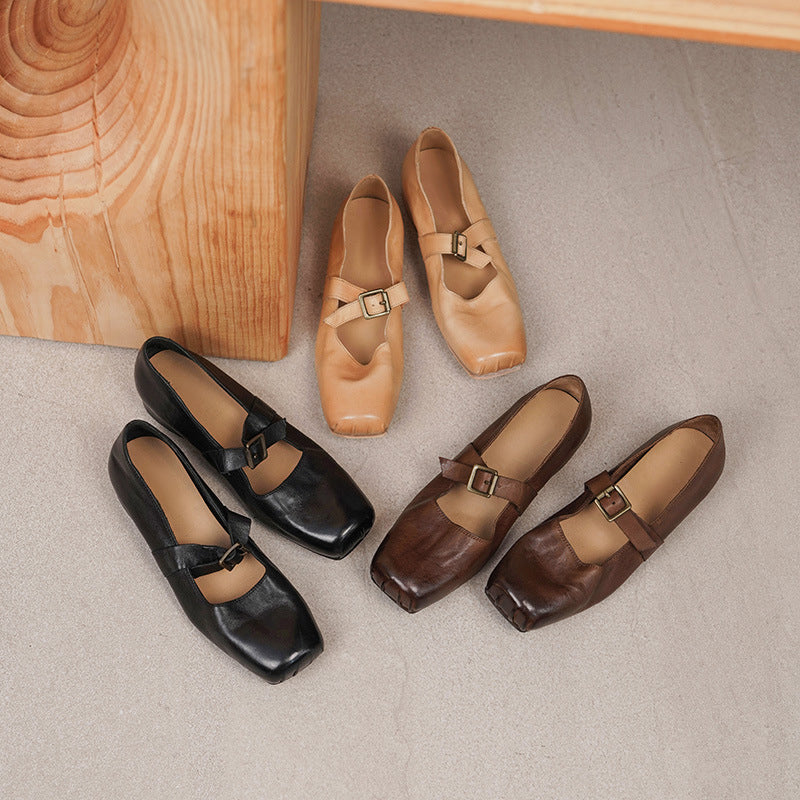 Elegant Square-Toe Horse Leather Mary Jane Shoes with Block Low Heel Buckle Apricot/Black/Brown