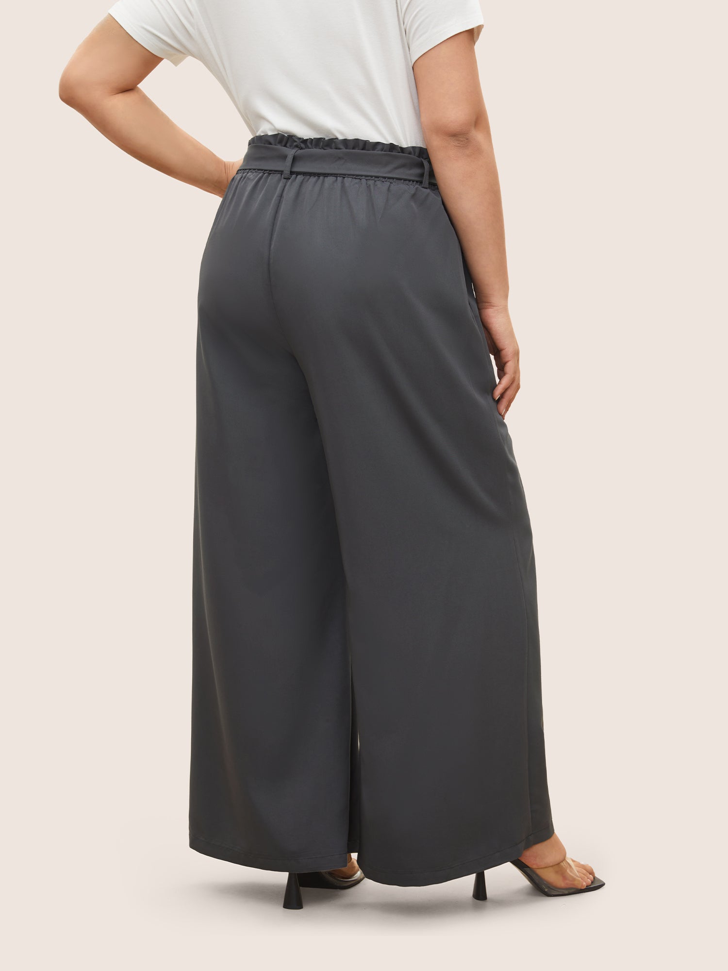 Plain Paperbag Waist Belted Wide Leg Pants