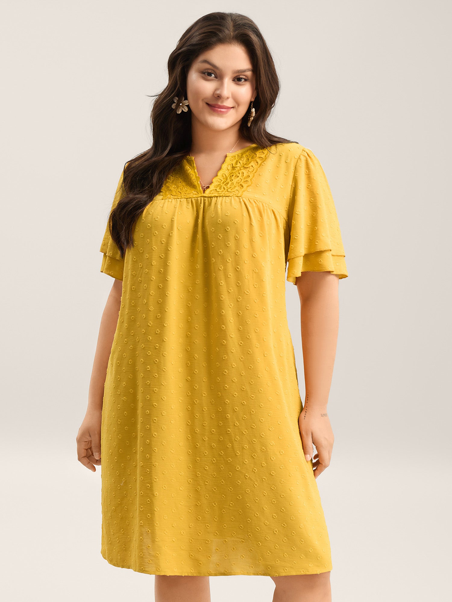 Textured Cut-Out Lace Pockets Midi Dress