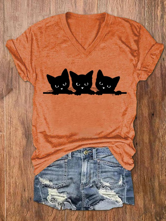 Women's Black Cat Print V-Neck T-Shirt