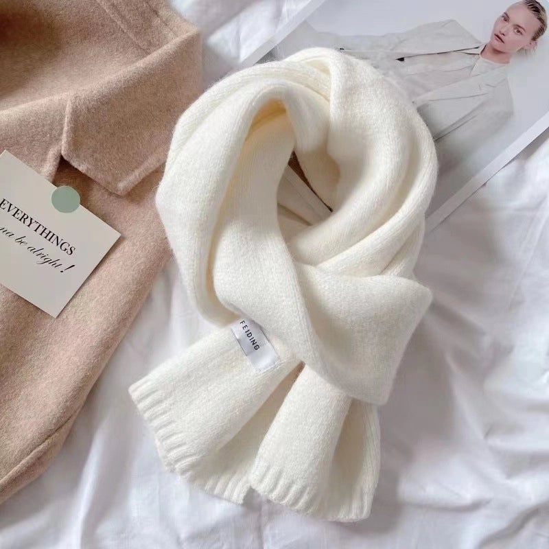 Warm Solid Color Scarf Women's Autumn And Winter Solid Color Patch Fashionable Student's New Knitted Small Scarf
