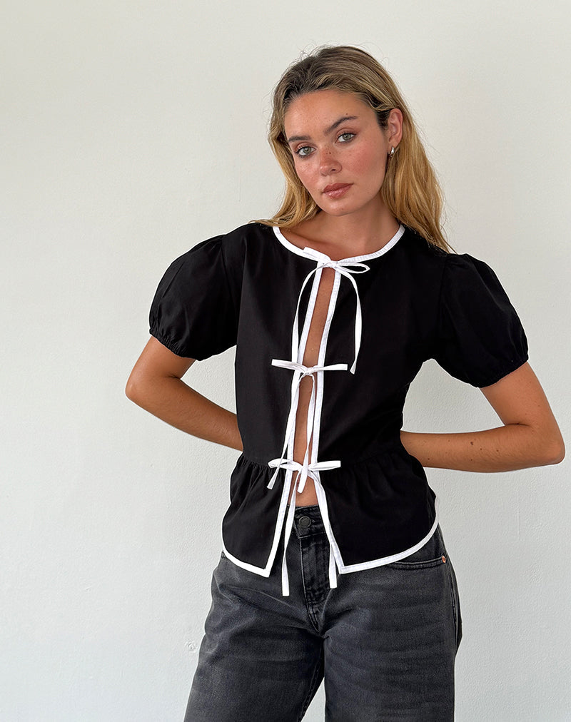 Ryota Tie Front Blouse in Black with White Binding