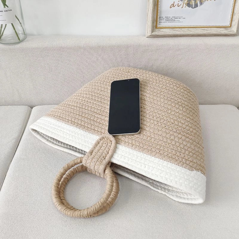 3 Pieces Women's Large Cotton Solid Color Vacation Weave Bucket Open Handbag