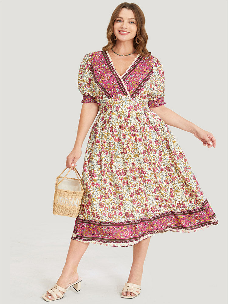 Bandana Print Surplice Neck Pocket Shirred Puff Sleeve Dress