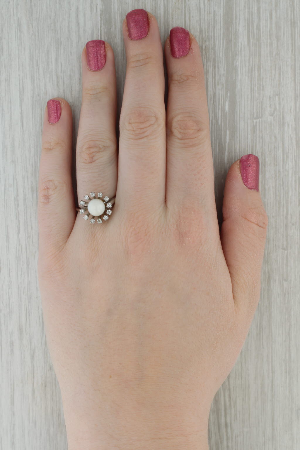 Vintage Cultured Pearl 0.15ctw Diamond Halo Ring 14k White Gold Size 9.25