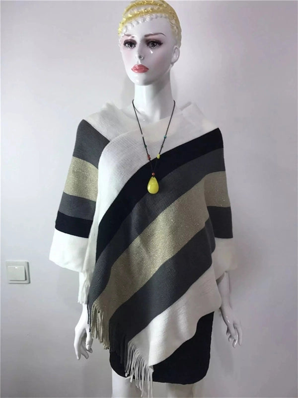 Women's Wear Tassel Pullover Midi Knitted Cloak Women's Winter Fashion Shawl Striped Sweater Coat