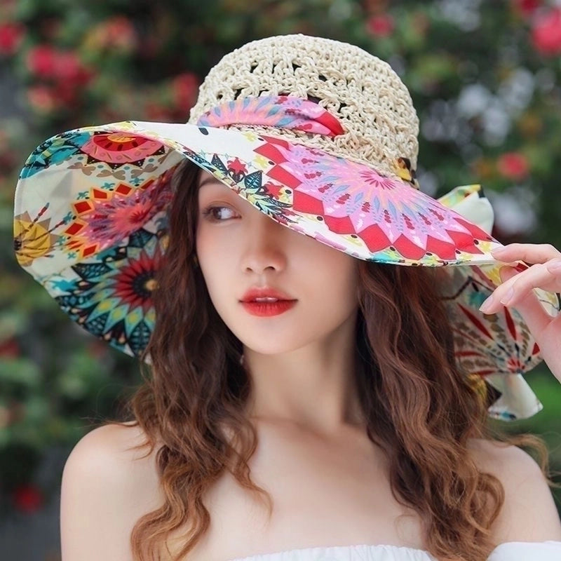 Women's Minimalist Color Block Printing Big Eaves Sun Hat