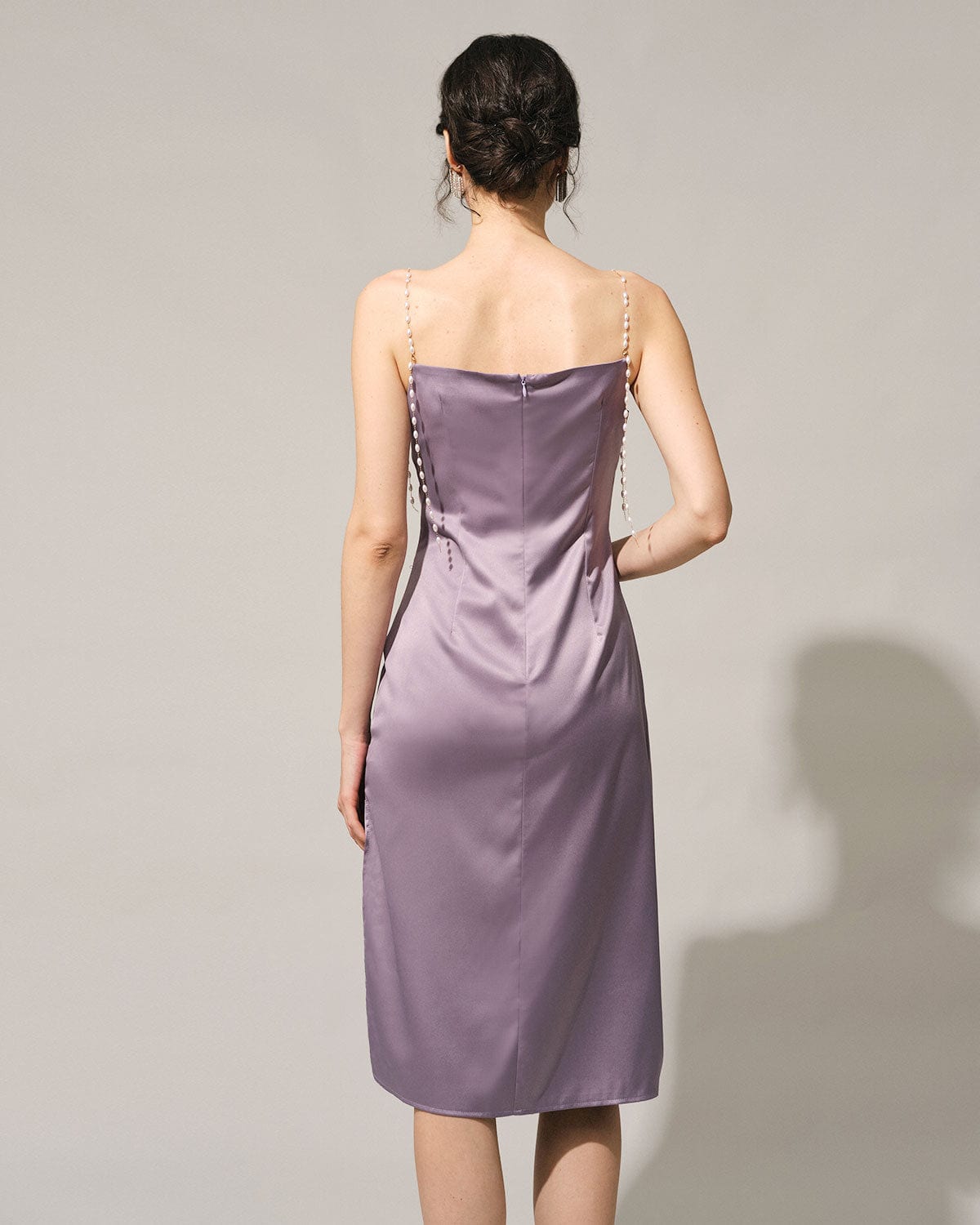 The Solid Cowl Neck Pearl Strap Midi Dress