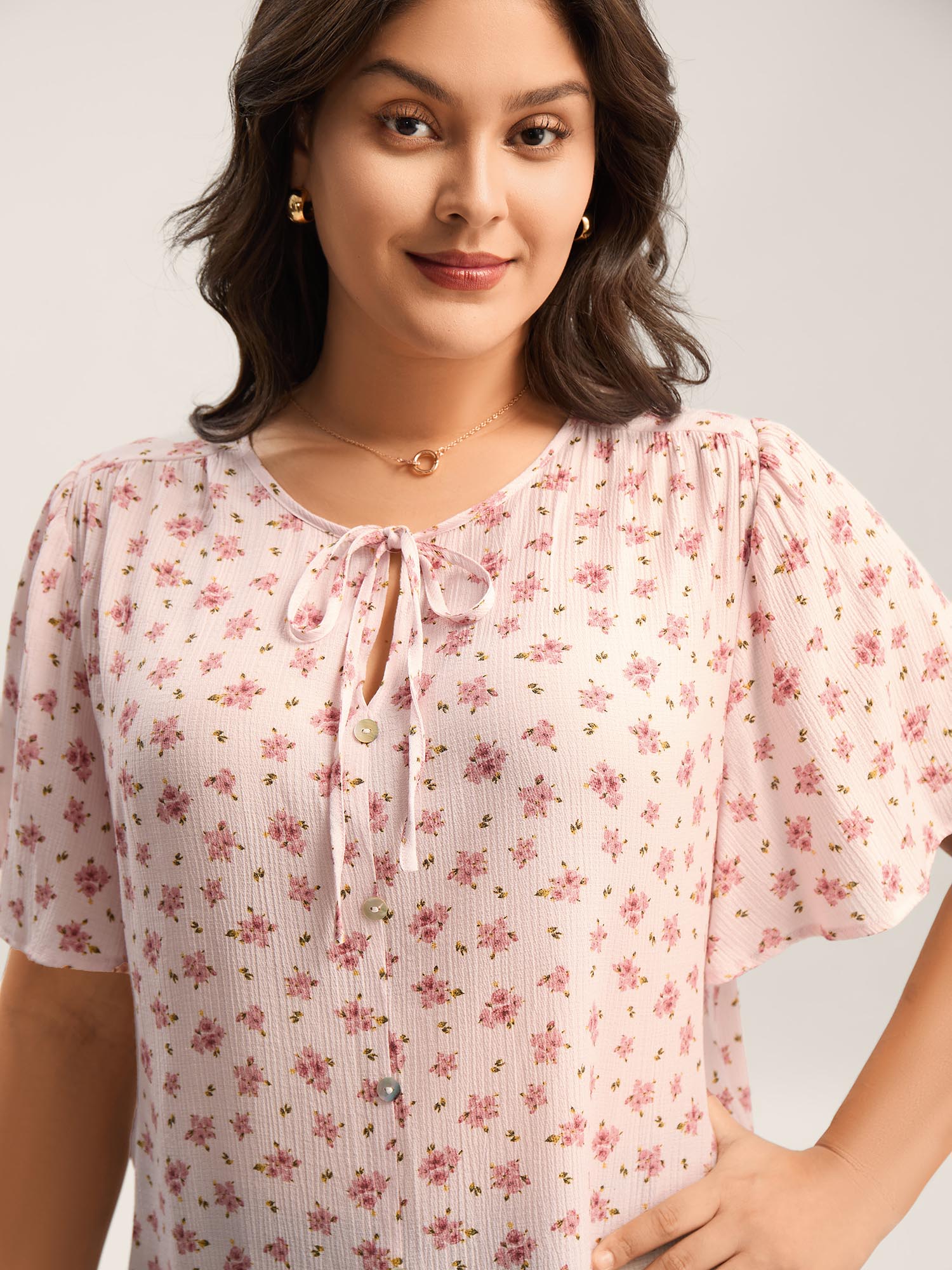 Blushing Floral Print Button Detail Blouse