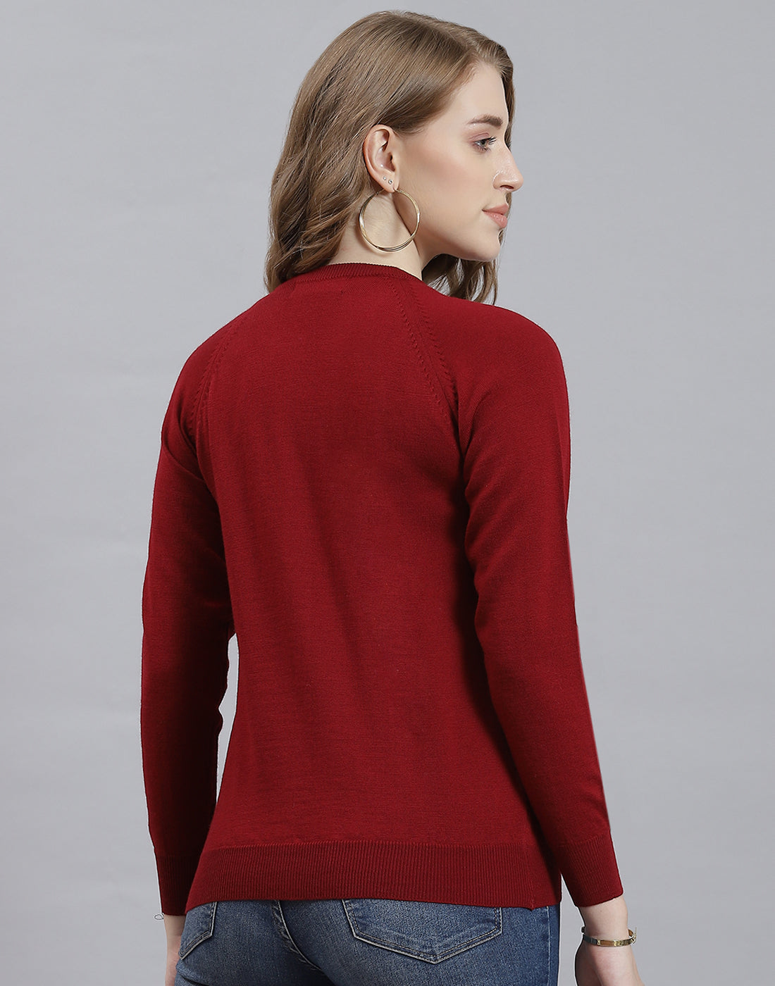 Women Maroon Solid Round Neck Full Sleeve Cardigan