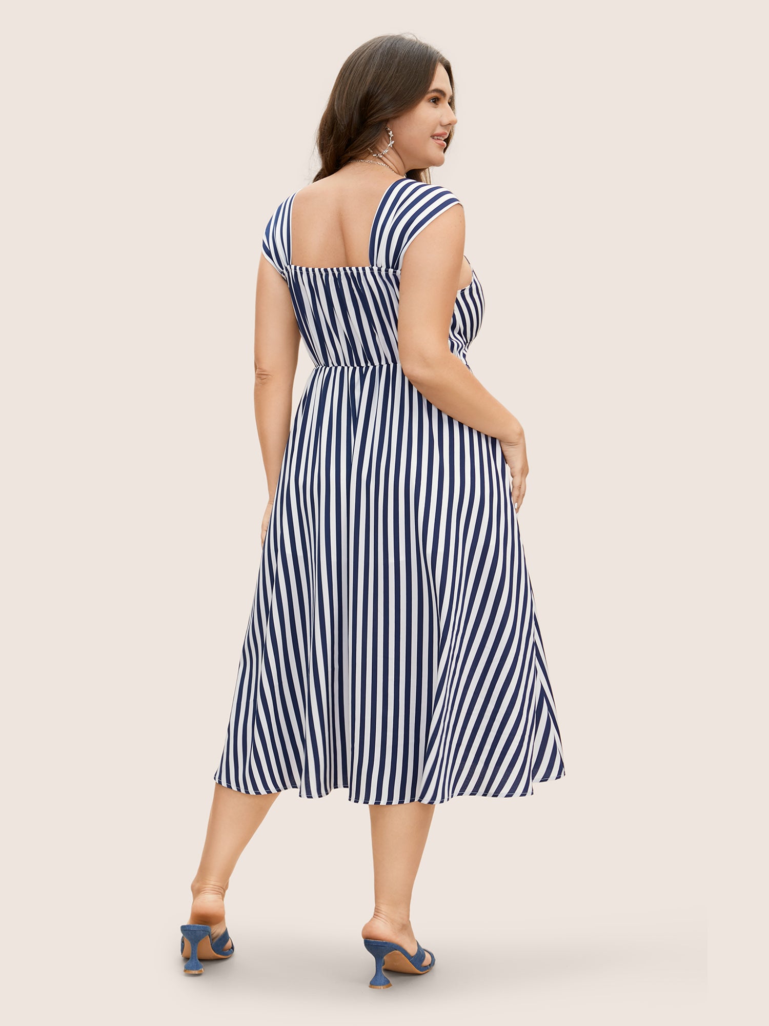 Striped Button Detail Split Front Midi Dress