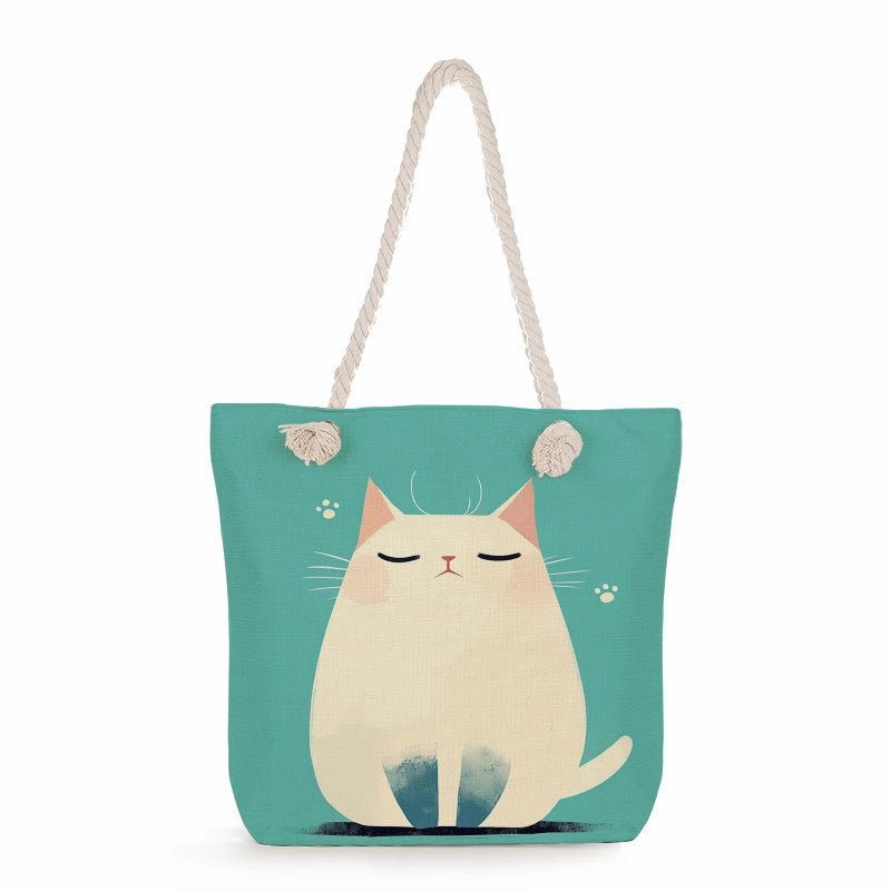 Women's Medium Linen Cat Cute Square Zipper Tote Bag Beach Bag