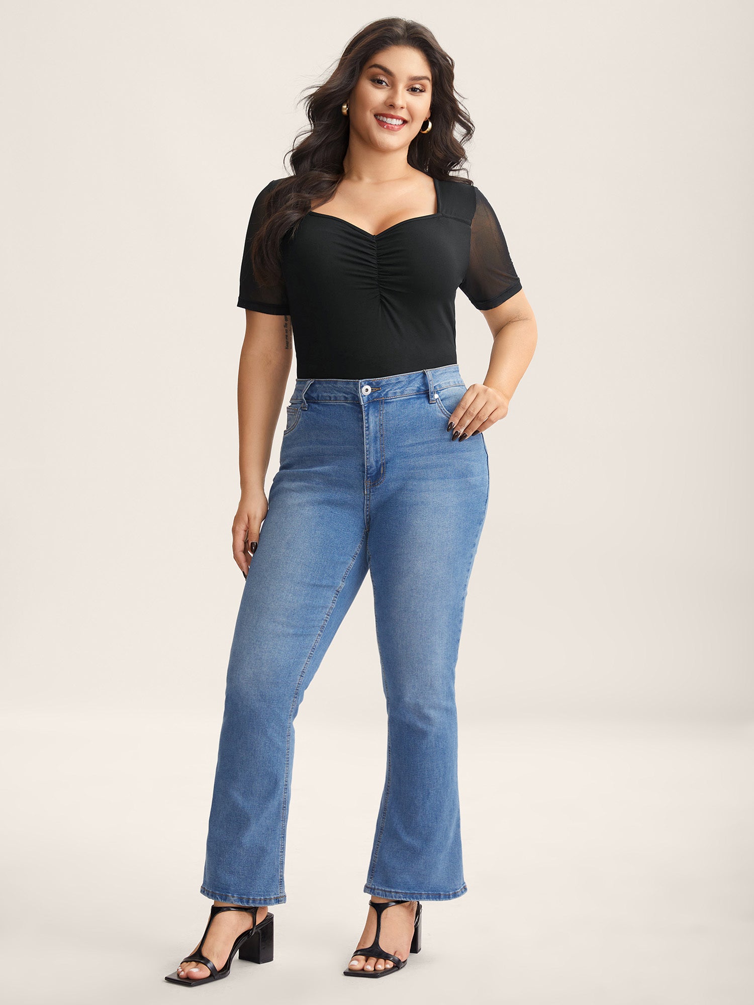 Sheer Sleeve Fitted Sweetheart Plain Top