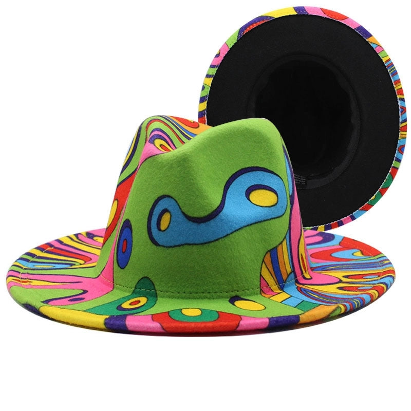 New Graffiti Printed Large Brim Wool Felt Hat Men's And Women's Spring And Autumn Pattern Topper Hat New Jazz Hat