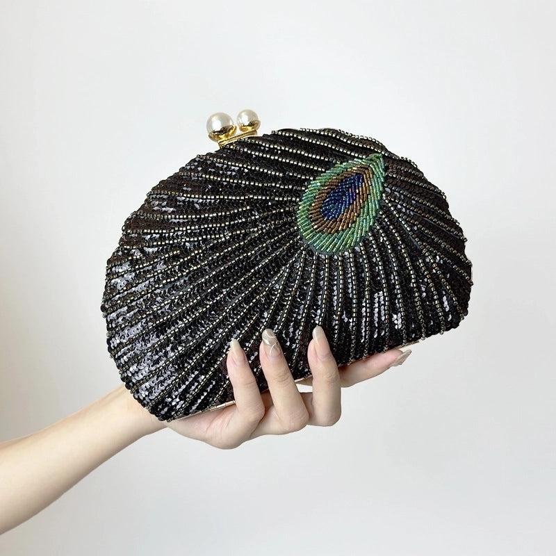 Blue Black Gold Metal Feather Beading Sequins Shell Evening Bags